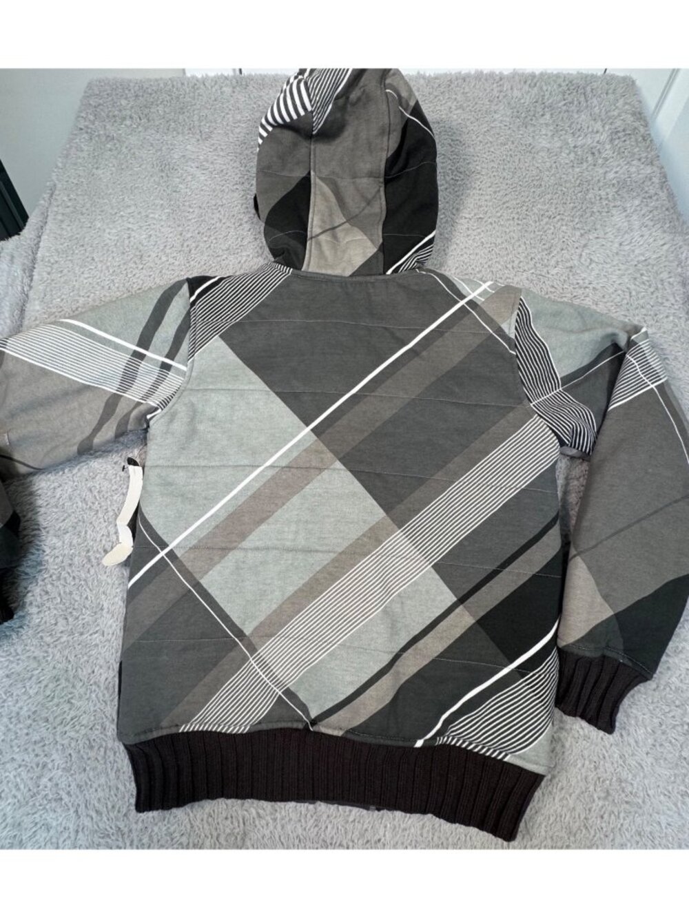 Billabong Hooded Jacket Faux Fur Trim Gray/Black Geometric Pattern Womens S - Picture 11 of 16